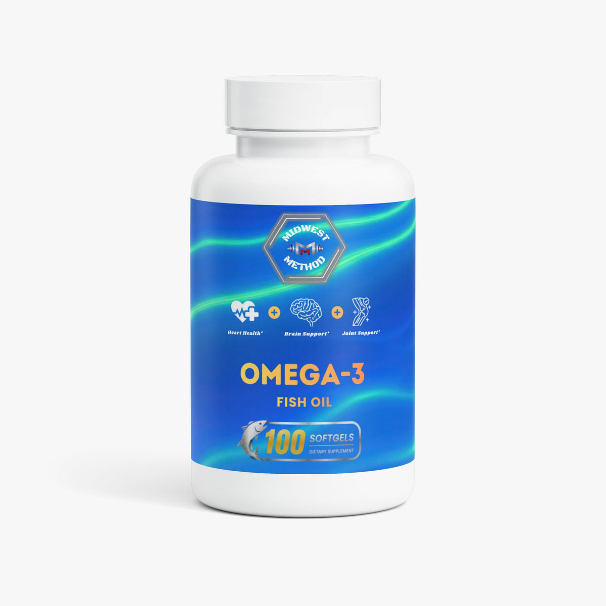 Fish oil supplement bottle with white cap, 100 softgels
