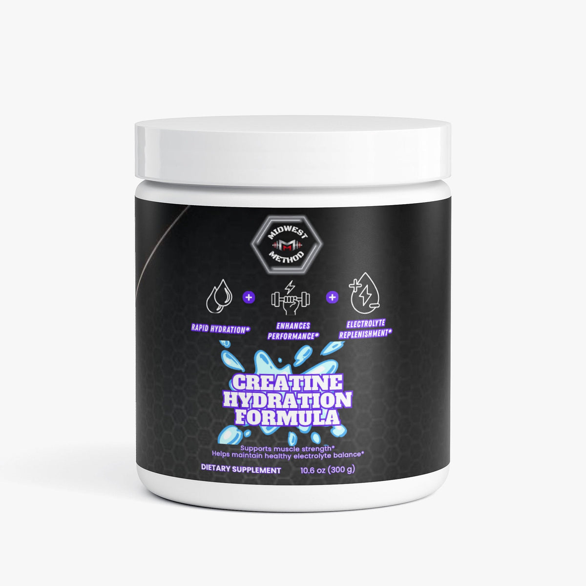 Creatine hydration formula supplement jar, black label with purple and blue text