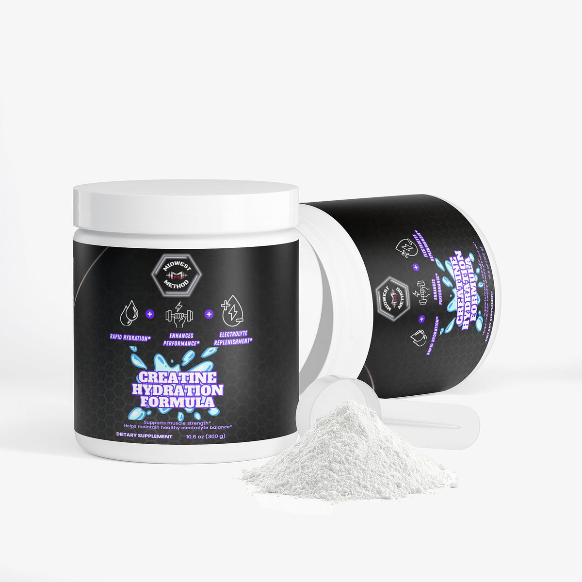 Creatine hydration formula supplement jar with open lid and white powder