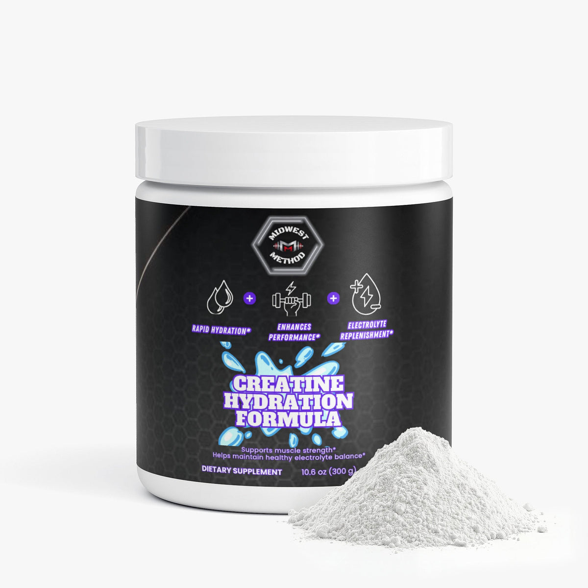 Creatine hydration formula supplement jar with white powder mound in front