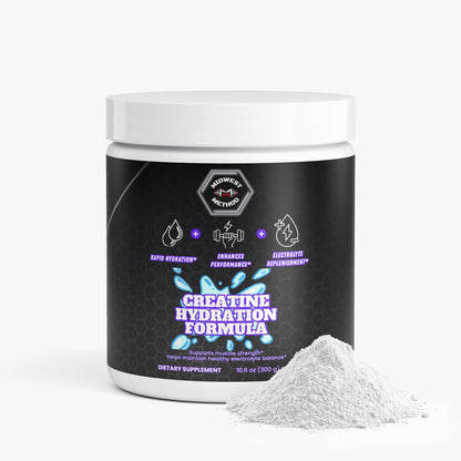Creatine hydration formula supplement jar with white powder mound in front