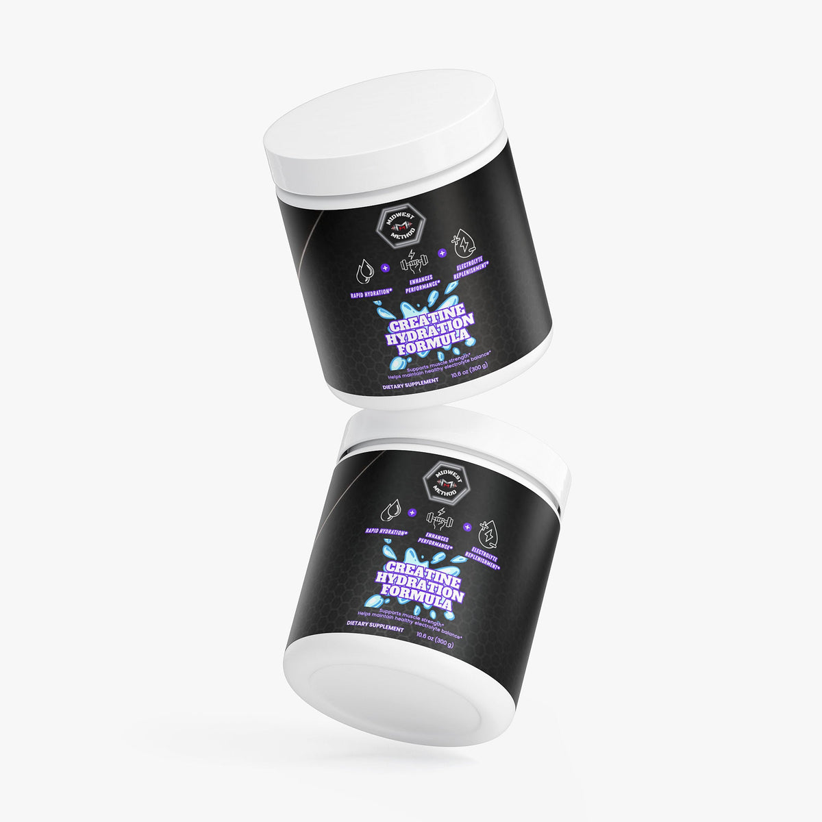 Creatine hydration formula supplement jars, black containers with purple and blue labels