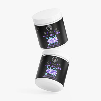 Creatine hydration formula supplement jars, black containers with purple and blue labels