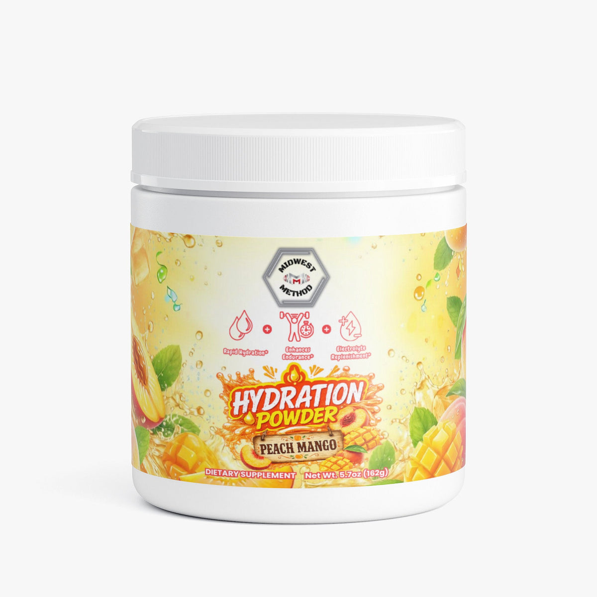 Hydration powder tub, Peach Mango flavor, white cap and orange-yellow label