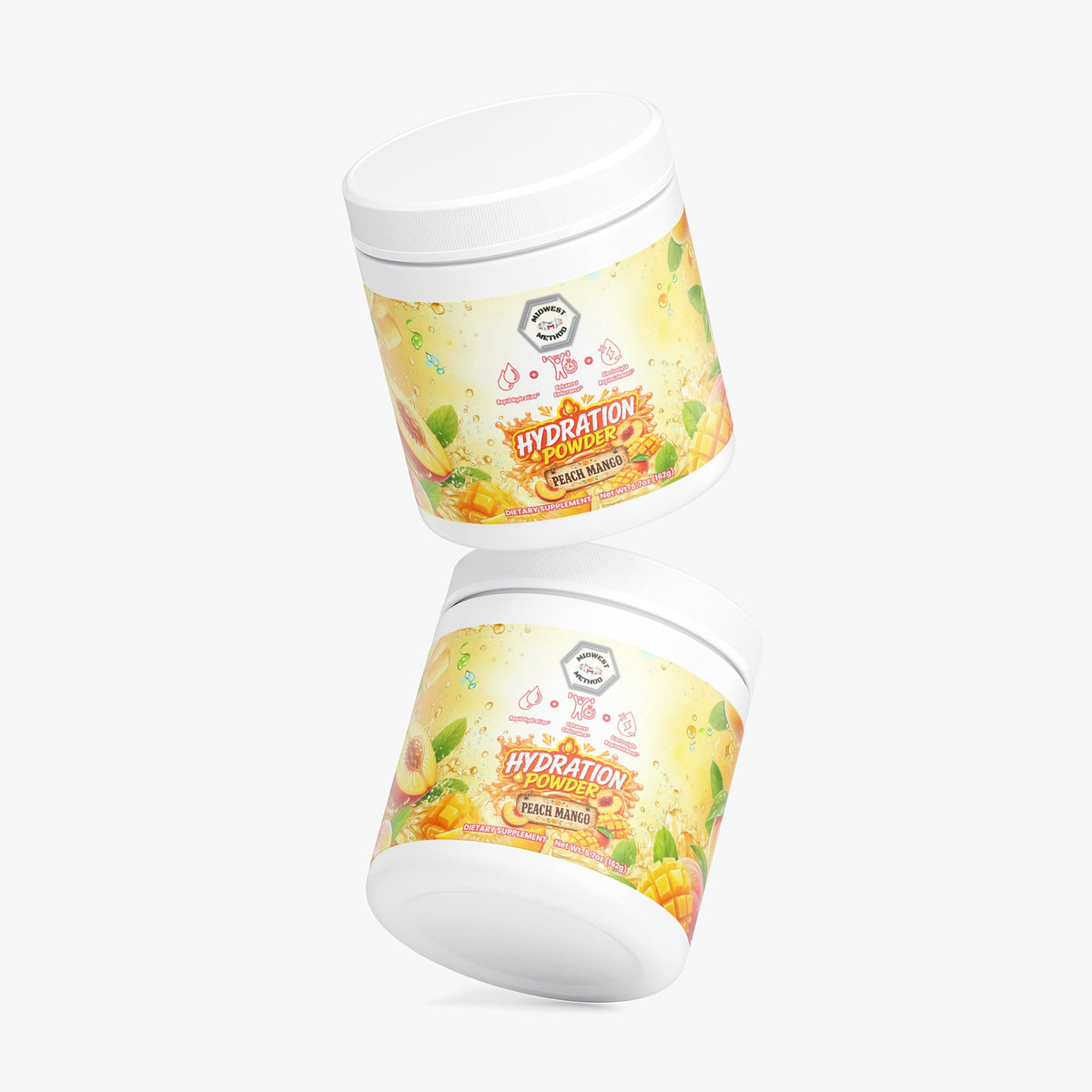 Hydration powder tubs, Peach Mango labels, one tipped with powder spill