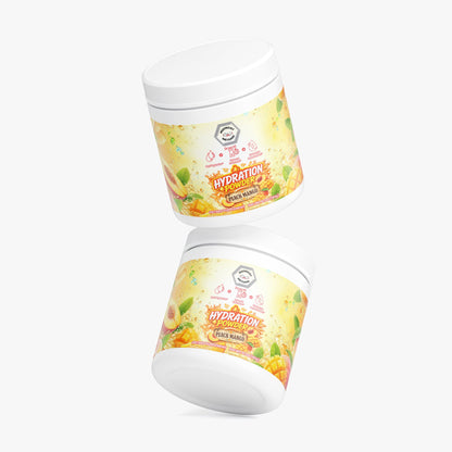 Hydration powder tubs, Peach Mango labels, one tipped with powder spill