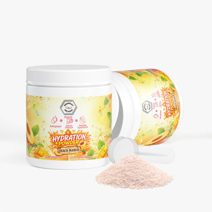 Hydration powder tub, open lid, Peach Mango powder spill