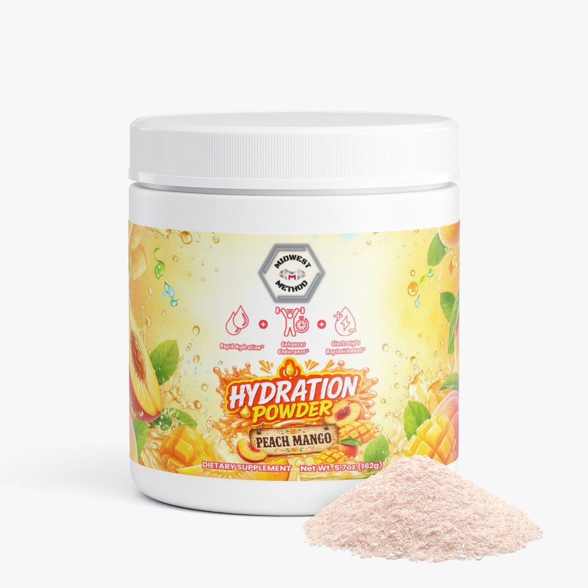Hydration powder tub with Peach Mango label, plus pale pink powder scoop