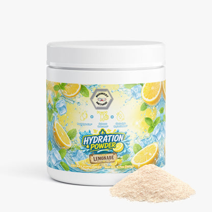 Hydration powder tub with lemonade flavor label and light beige powder pile