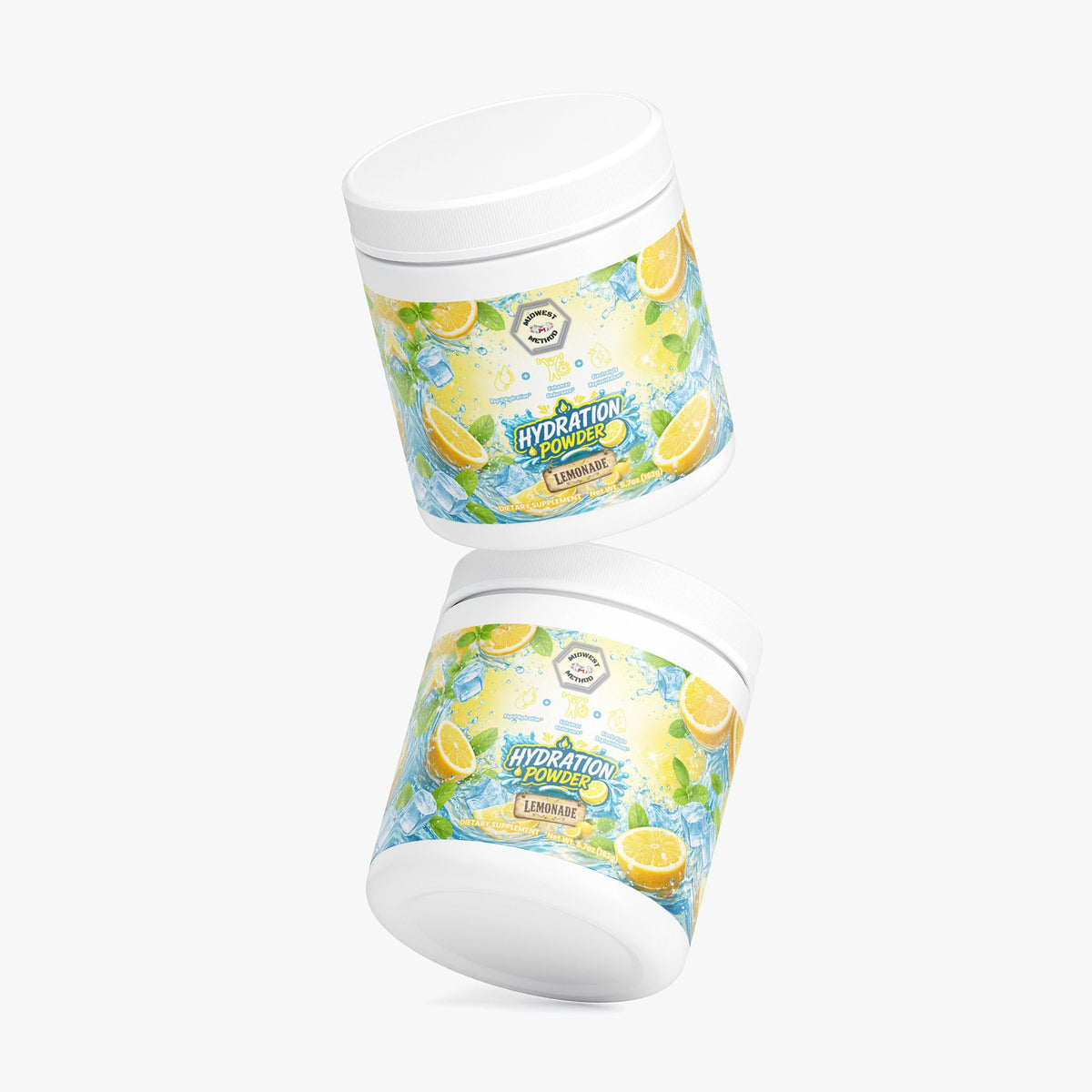 Hydration powder tubs, one tilted, with lemonade flavor label