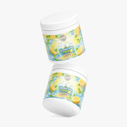 Hydration powder tubs, one tilted, with lemonade flavor label