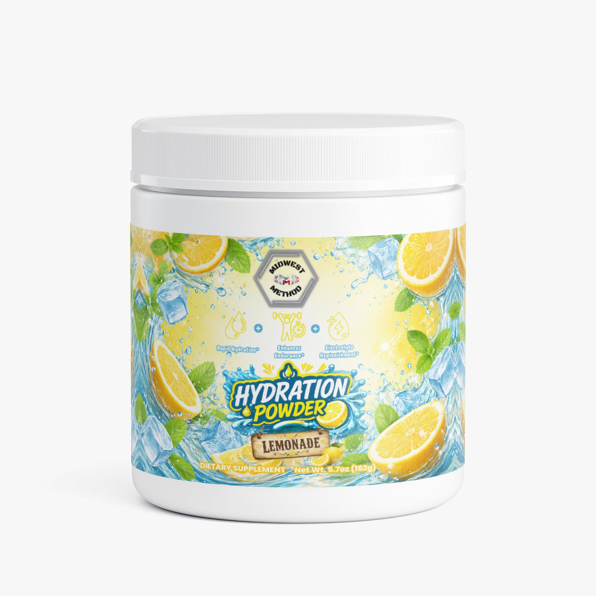 Hydration powder tub with lemonade flavor label and white plastic lid