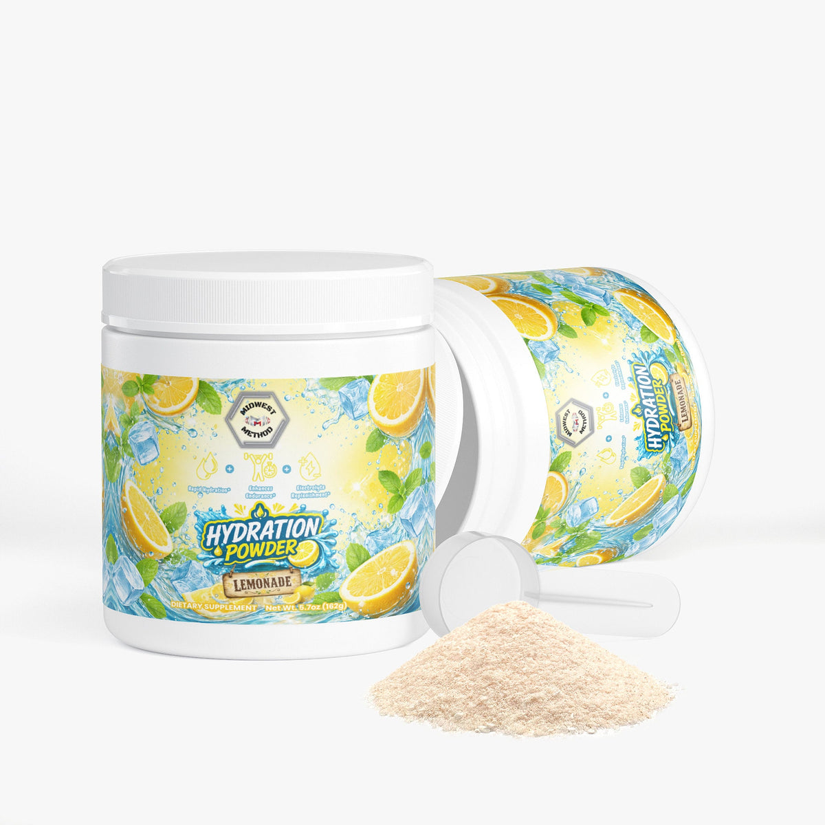 Hydration powder tub with tilted container and light beige powder pile
