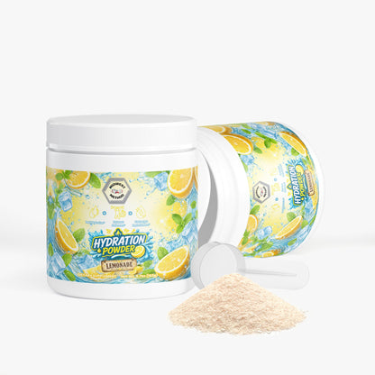 Hydration powder tub with tilted container and light beige powder pile