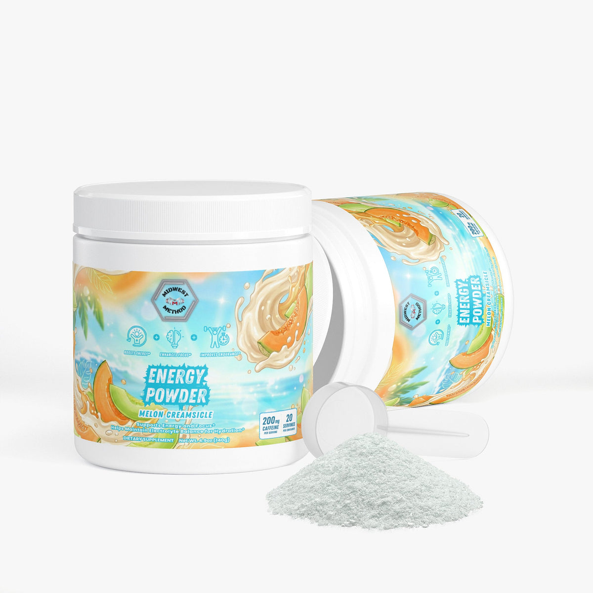 Energy powder tub plus second tub, melon creamsicle label, with loose powder