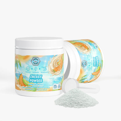 Energy powder tub plus second tub, melon creamsicle label, with loose powder