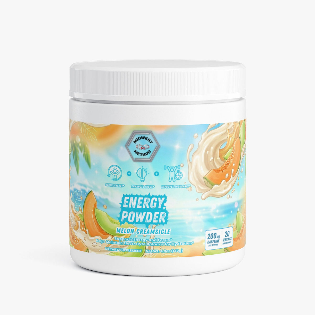 Energy powder tub with melon creamsicle label, white plastic jar
