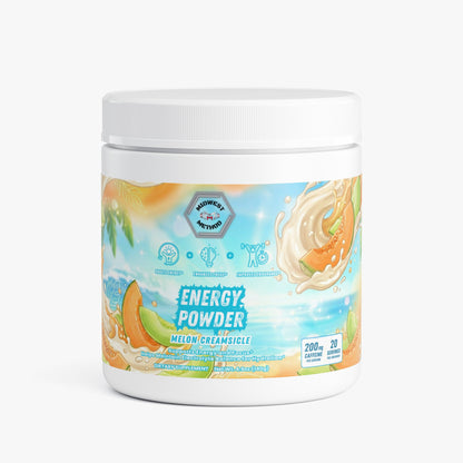 Energy powder tub with melon creamsicle label, white plastic jar