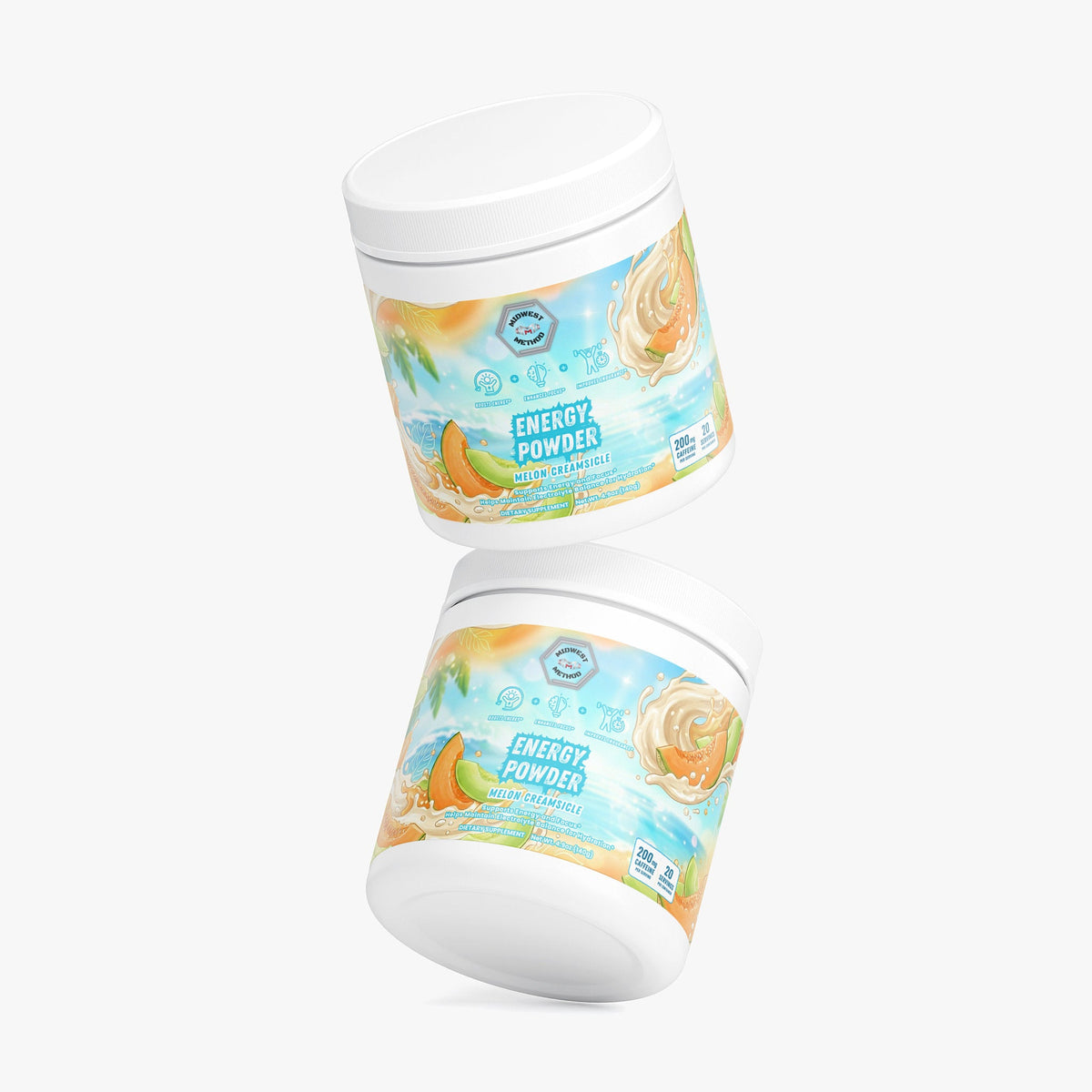 Energy powder tubs, melon creamsicle label, shown stacked at an angle