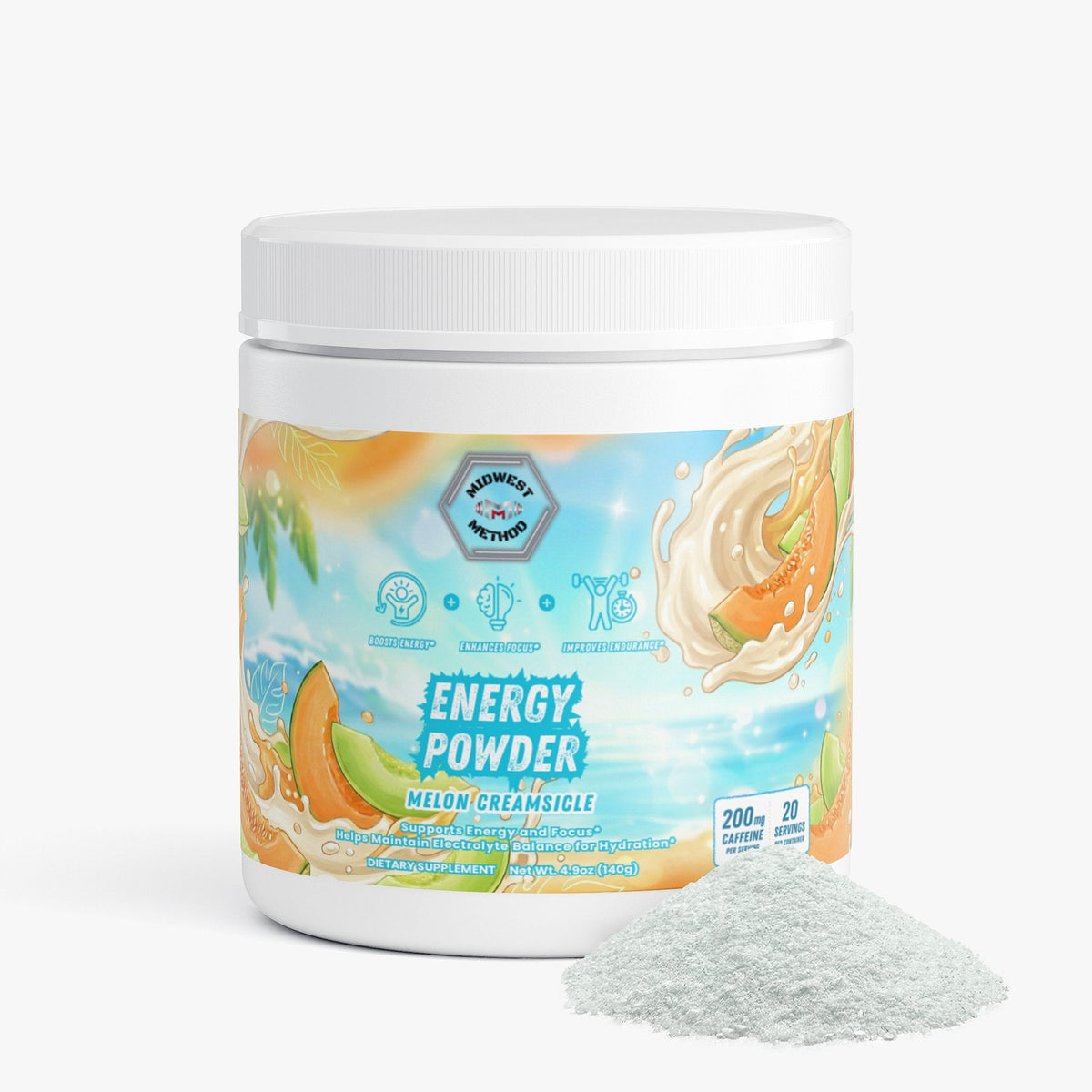 Energy powder tub with melon creamsicle label and gray powder pile