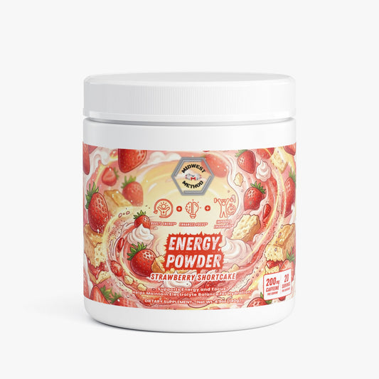 Energy powder tub with strawberry shortcake flavor, white lid and colorful printed label