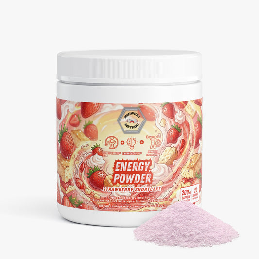 Energy powder tub with strawberry shortcake label and light purple powder on the side