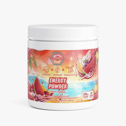 Fruit punch energy powder jar with white lid and colorful label