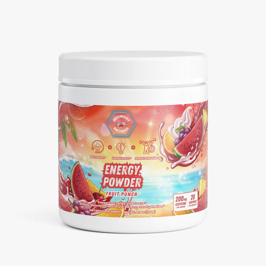 Fruit punch energy powder jar with white lid and colorful label
