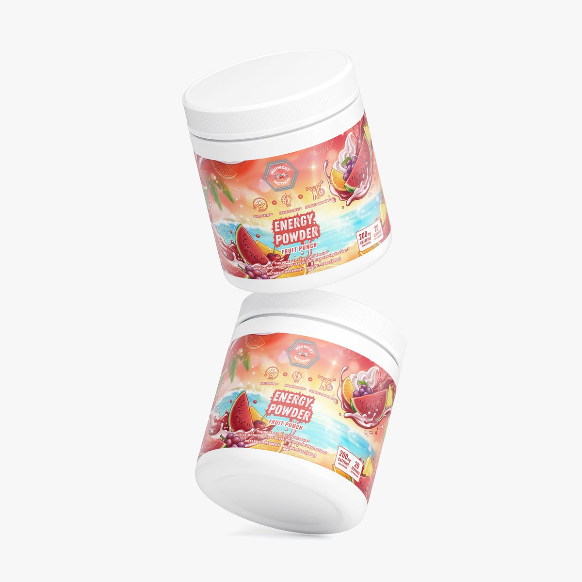 Fruit punch energy powder containers with white lids and front labels