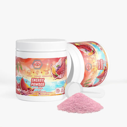 Fruit punch energy powder jar tipped open with pink powder mound