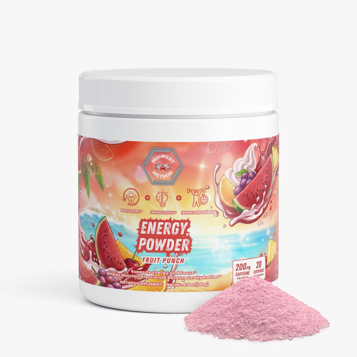Fruit punch energy powder jar with pink powder mound beside it