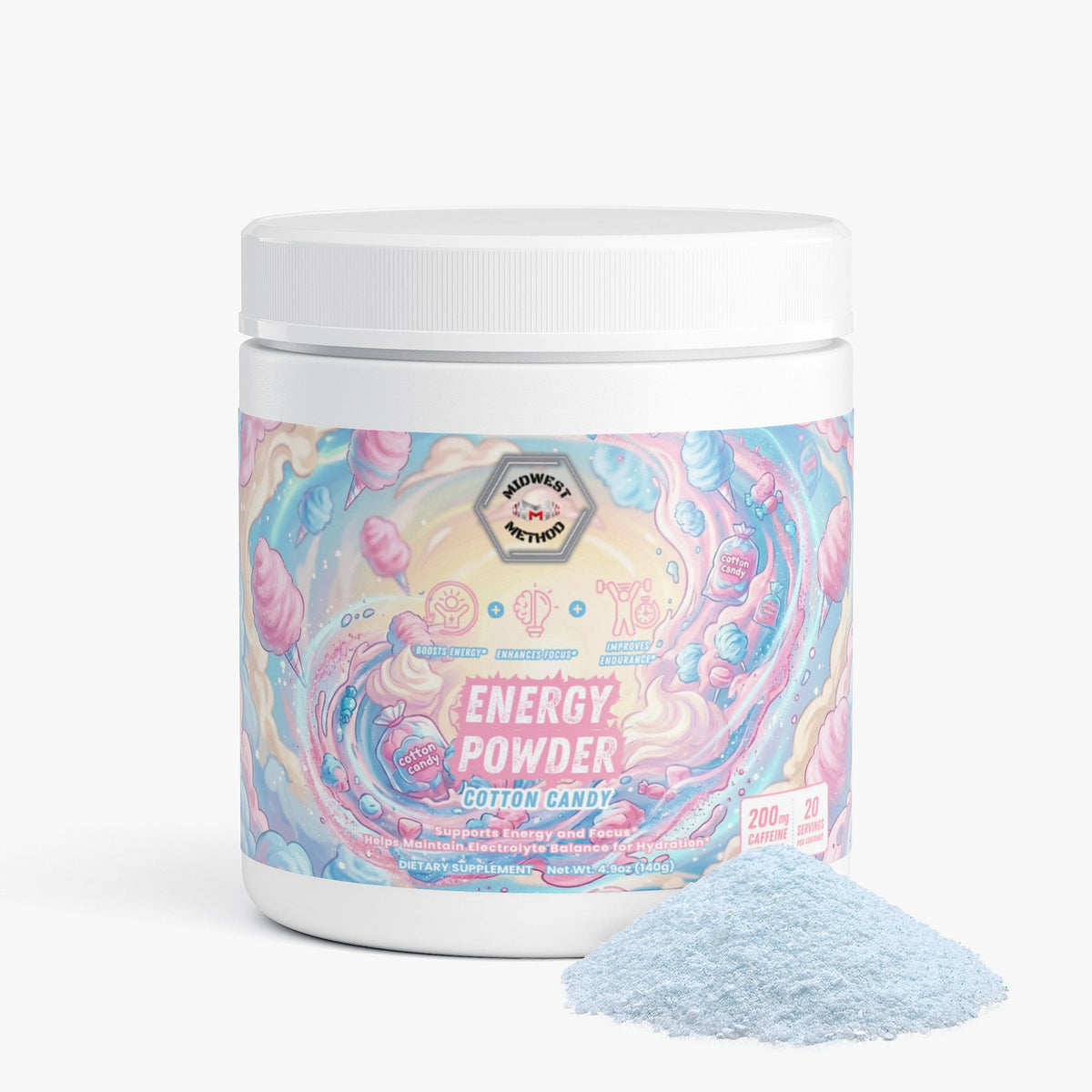 Energy powder jar with white lid and scoop of blue cotton candy powder