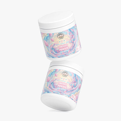 Two energy powder tubs with cotton candy pastel labels, one tilted