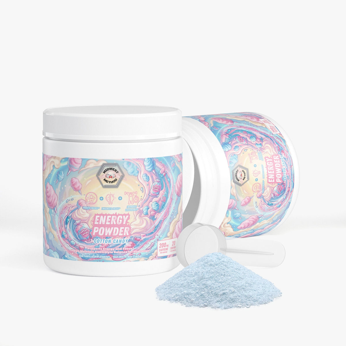 Energy powder jar with lid open and cotton candy blue powder pile