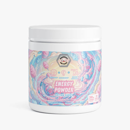 Energy powder jar with white lid, cotton candy pastel label design