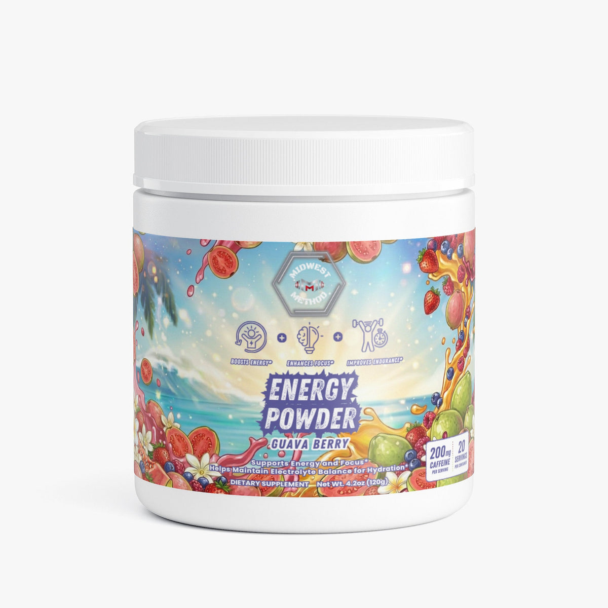 Energy powder jar with flip-top lid, guava berry flavor colorful label