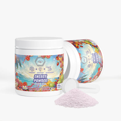 Energy powder jars with lid and powder scoop, guava berry flavor label