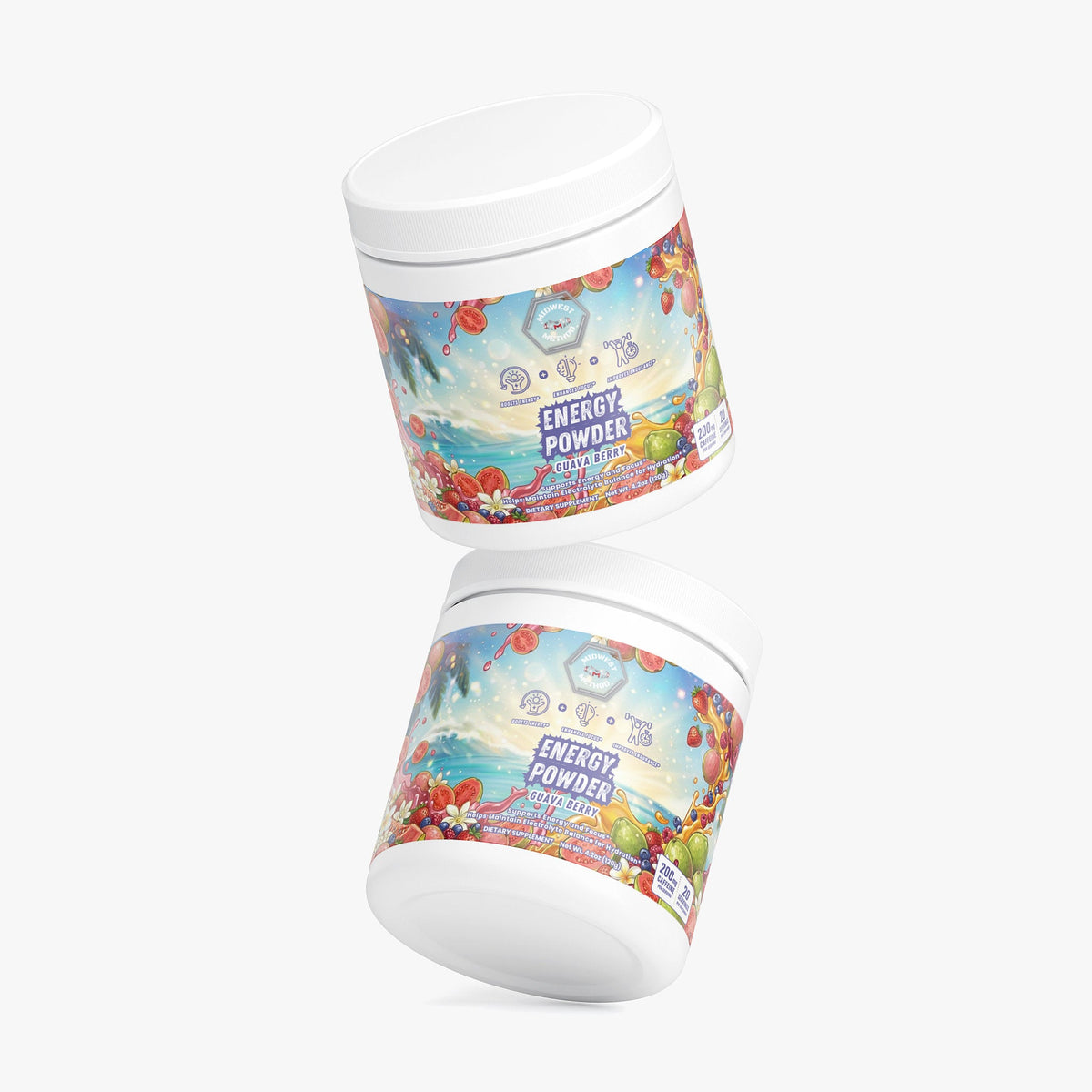 Energy powder jars in a staggered view, guava berry flavor label