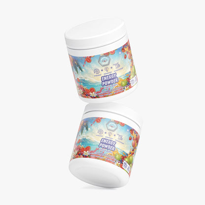 Energy powder jars in a staggered view, guava berry flavor label