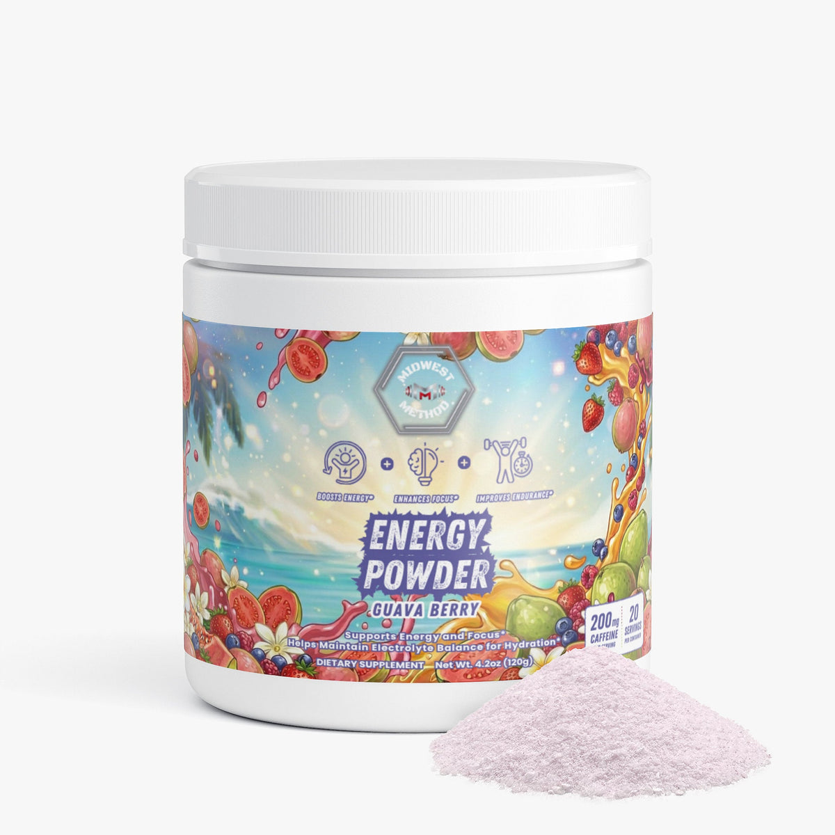 Energy powder jar with scoop of light purple powder, guava berry flavor