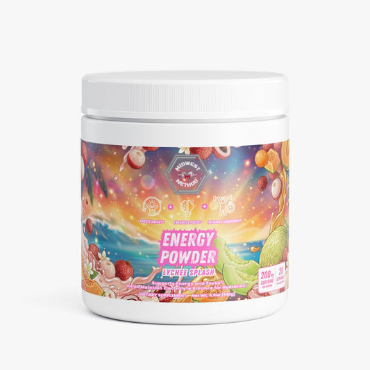 Lychee-flavored energy powder supplement jar with white lid and colorful label