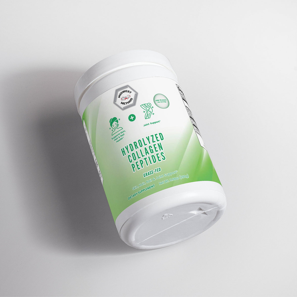 Hydrolyzed collagen peptides bottle, angled view, green label and white cap