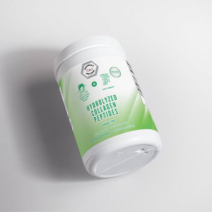 Hydrolyzed collagen peptides bottle, angled view, green label and white cap