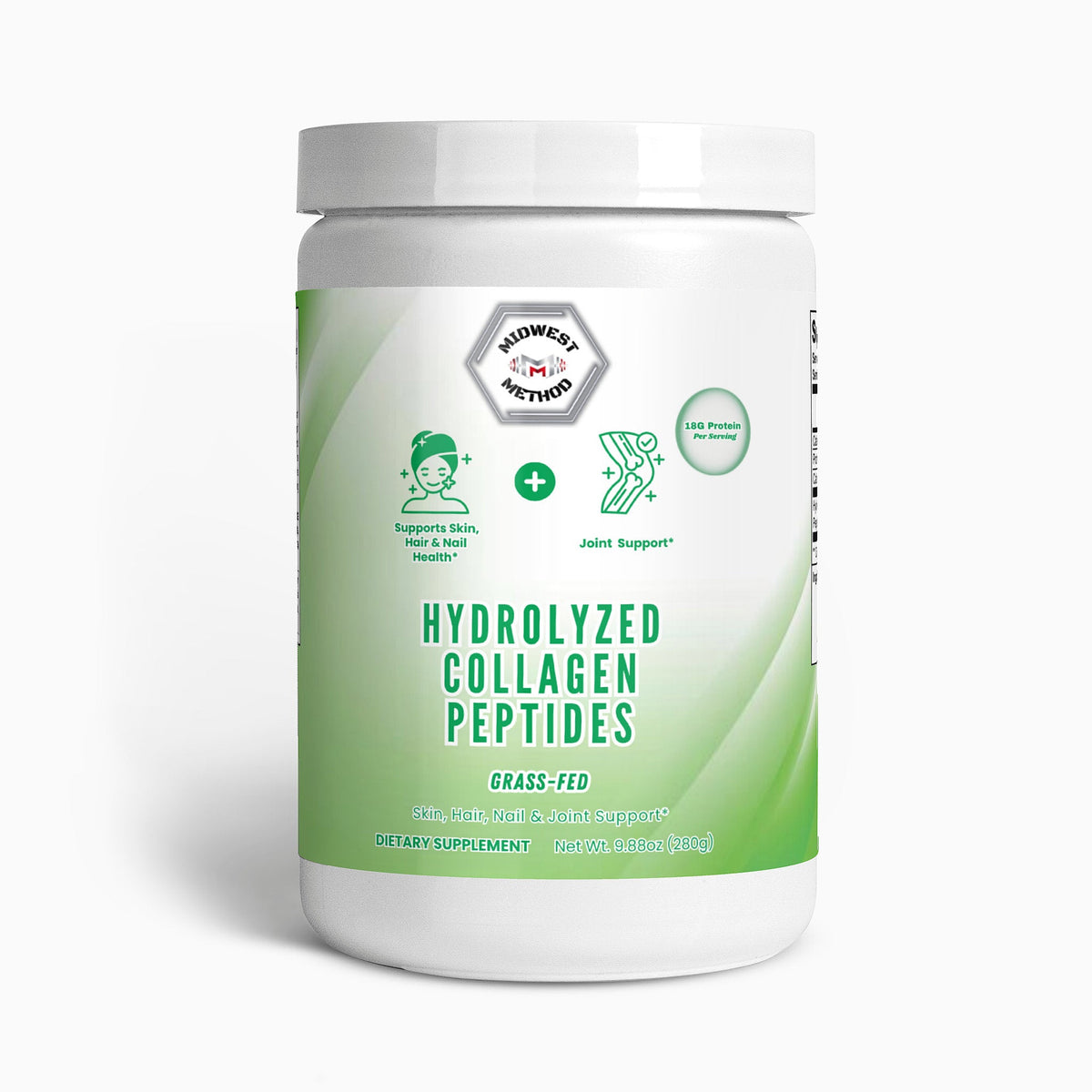 Front view of hydrolyzed collagen peptides supplement bottle with green label