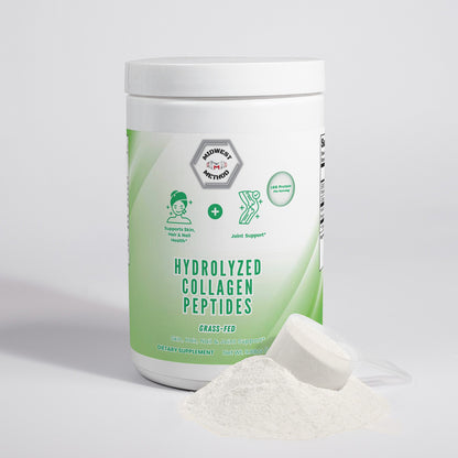 Hydrolyzed collagen peptides bottle with scoop of white powder