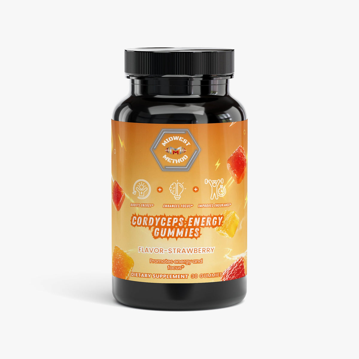 Energy gummy supplement bottle with black cap, strawberry flavor label