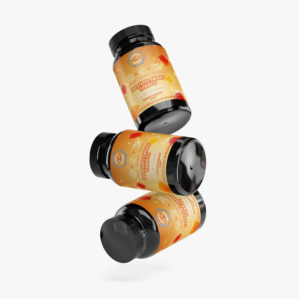 Energy gummy supplement bottle shown from the side with black cap