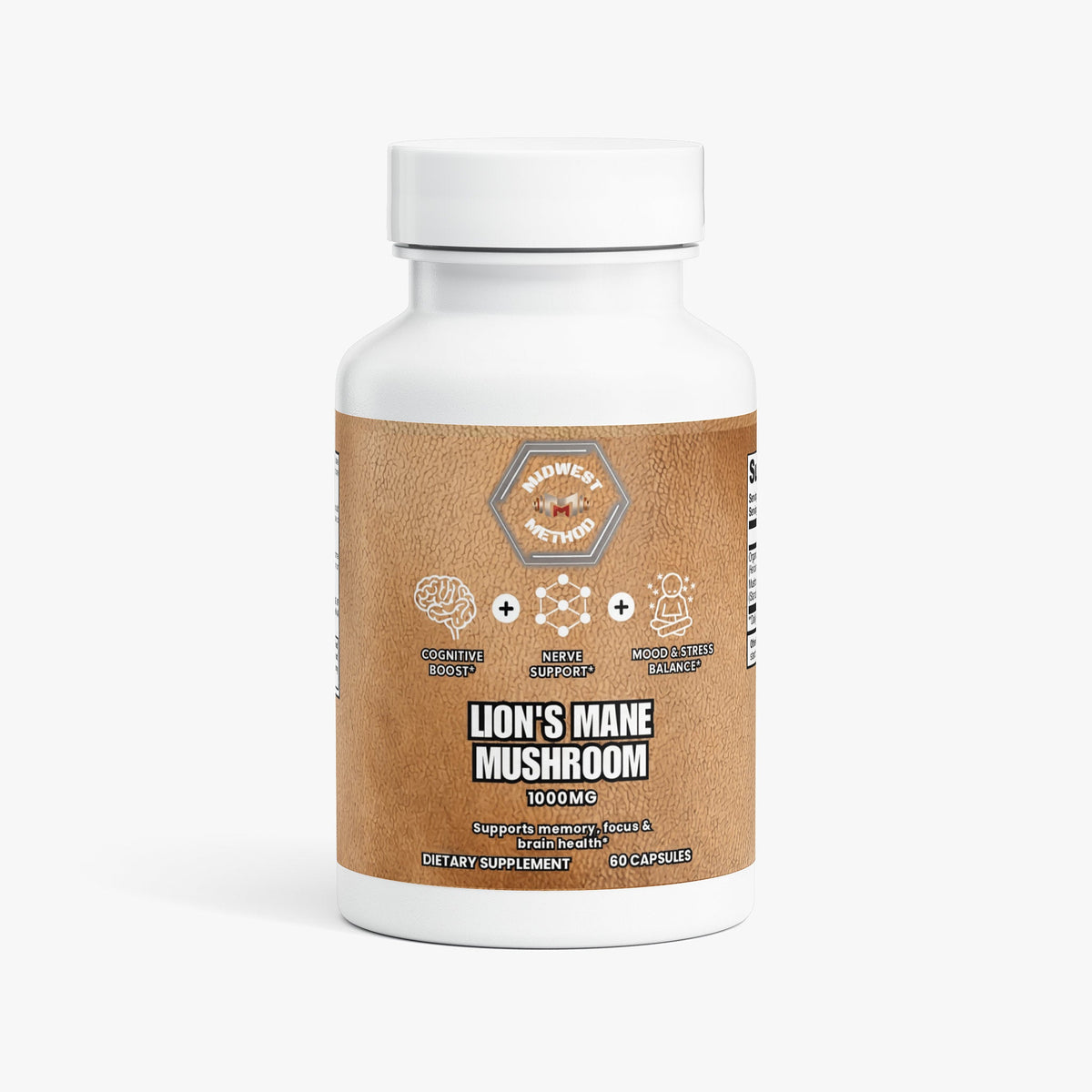 Lion's Mane mushroom supplement bottle, brown label, white cap; 60 capsules