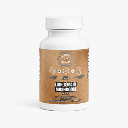 Lion's Mane mushroom supplement bottle, brown label, white cap; 60 capsules