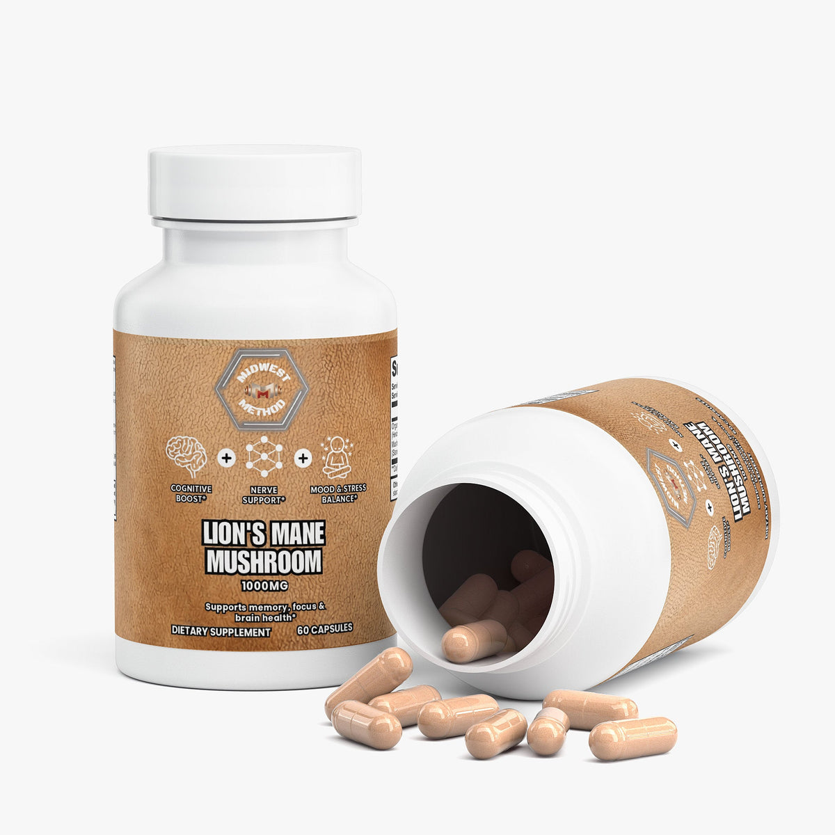 Lion's Mane mushroom supplement bottles with tan capsules, one bottle tipped